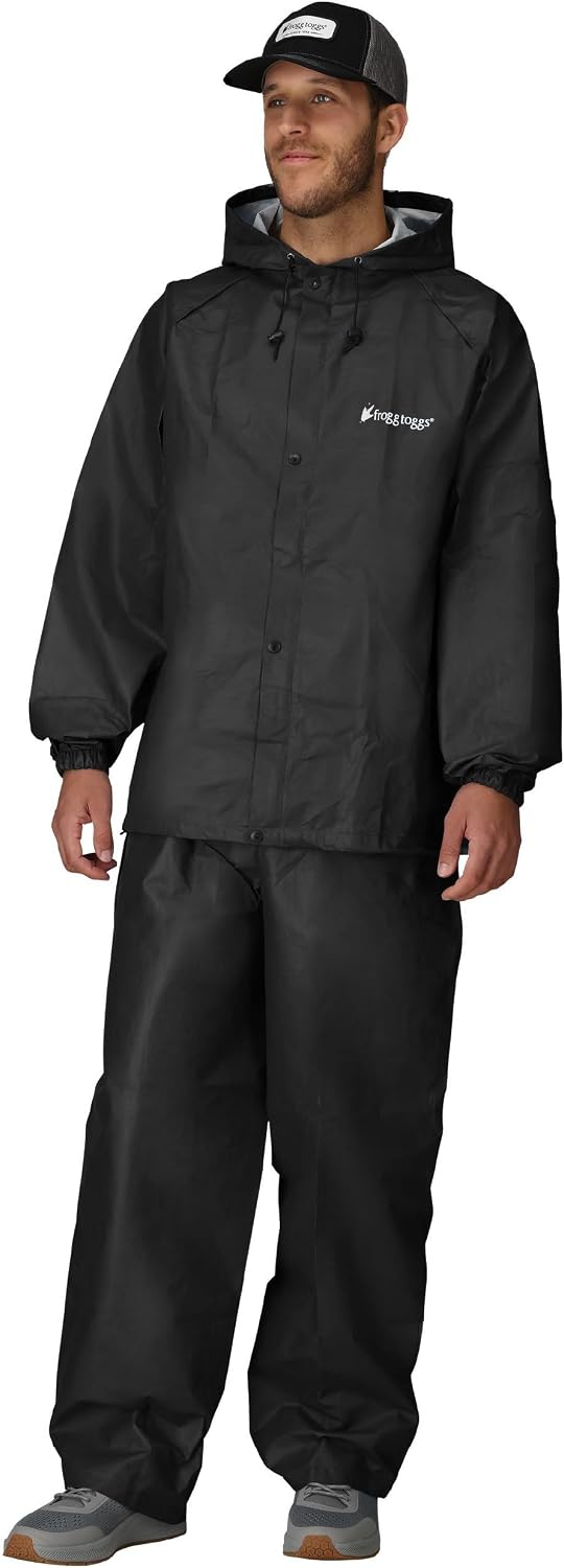 FROGG TOGGS Men's Pro Lite Rain Suit, Waterproof, Breathable, Dependable Wet Weather Protection, Carbon Black, XL/XXL