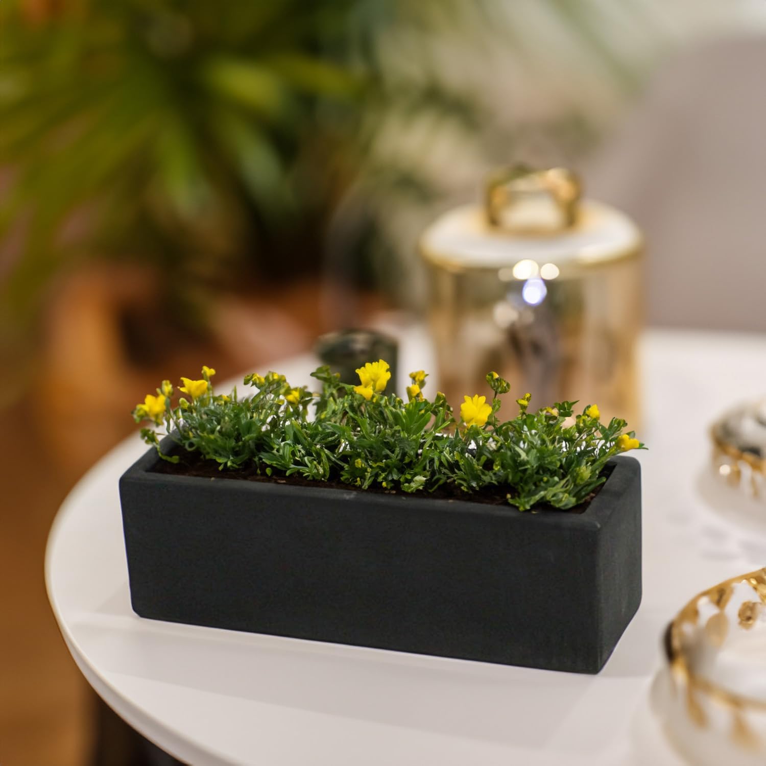 WGVI Long Rectangle Ceramic Planter Vase in White 14" x 4" x 4"H, Rectangular Box Block Terrarium Pot, Flower Arrangement, Tabletop Centerpiece