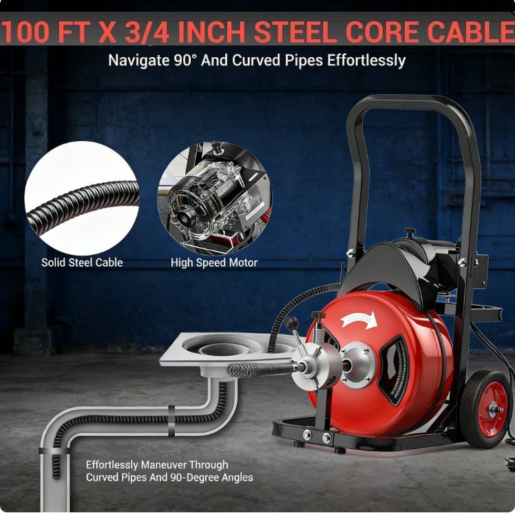 100Ft 3/4 Inch Drain Cleaning Machine. Sewer Snake 750w Auto Feed | Portable Drain Cleaning Machine Electric Drain Auger Sewer Auger with 6 Cutter Air-Activated Foot Switch for 4" to 8" Pipes