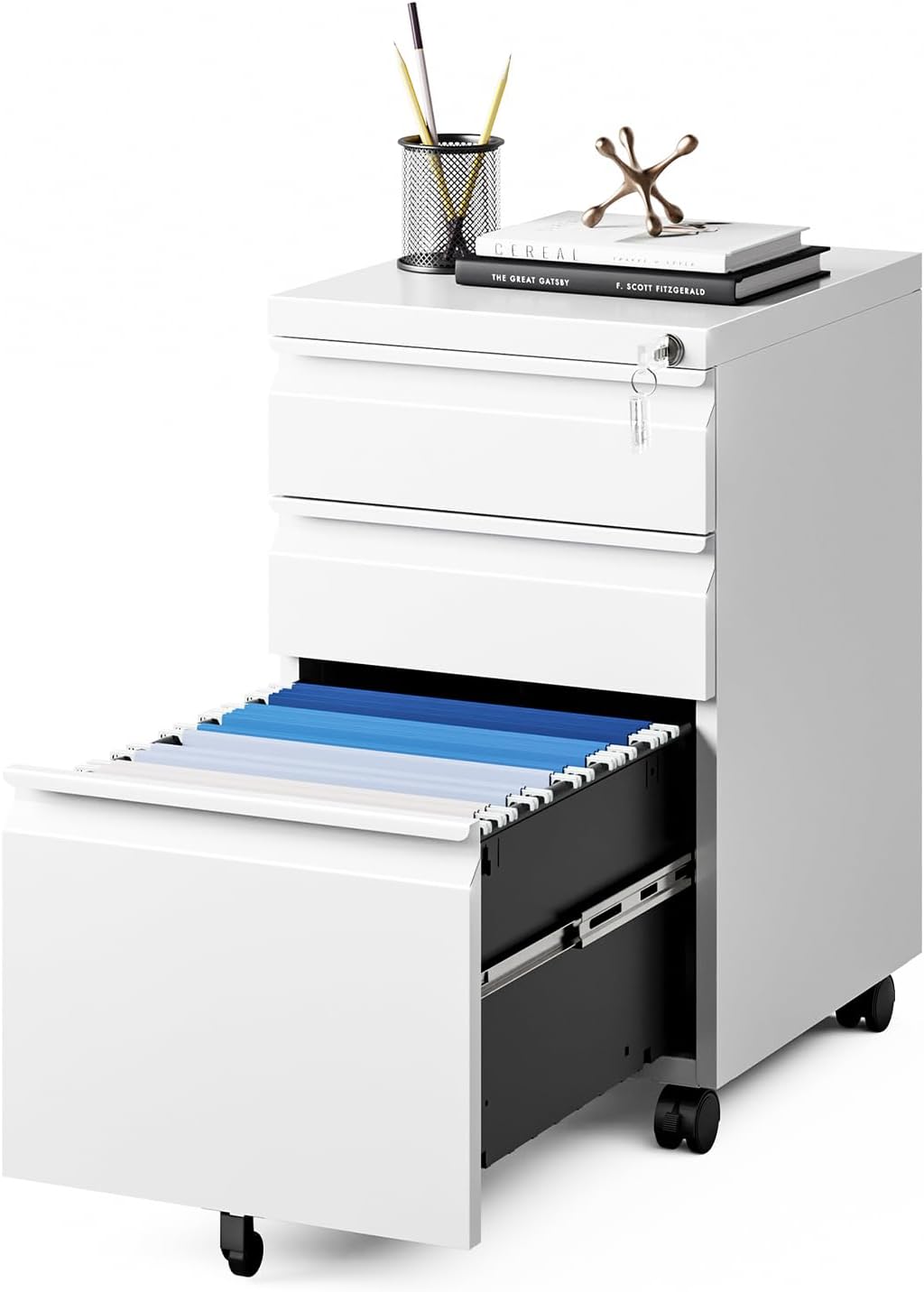 MIIIKO 3 Drawer File Cabinet with Lock, Metal Lateral Rolling Printer Stand Filing Cabinets for Home Office Storage,A4, Letter,File Folders(White)