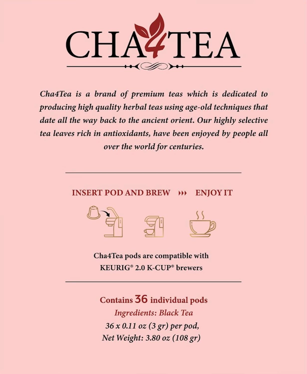 Cha4TEA 36-Count Black Tea Pods Compatible with Keurig K-Cup Brewers