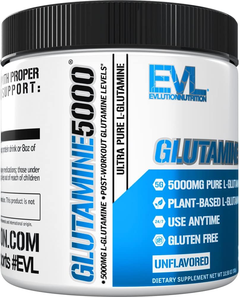 EVL L-Glutamine Powder Supplement for Post Workout Recovery, Vegan | Pure 5g L-Glutamine formula supports post-workout recovery, muscle performance