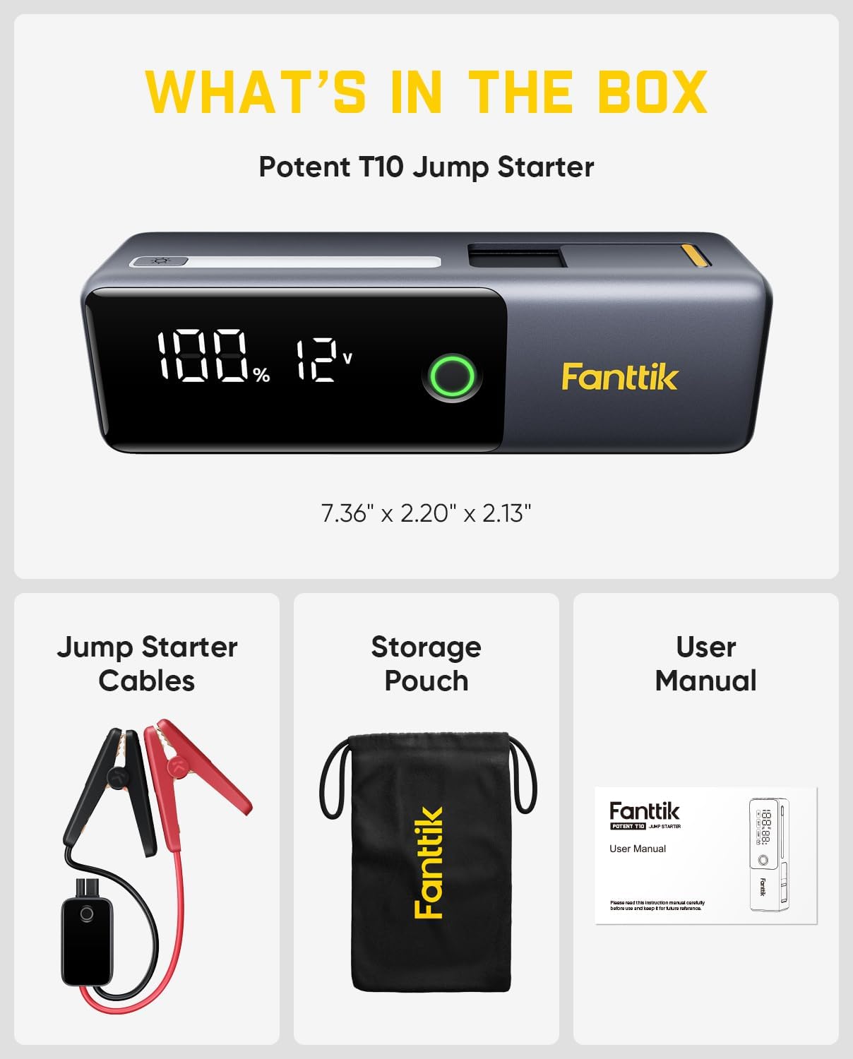 Fanttik Potent T10 1800A Portable Jump Starter for 7.0L Gas and 5.0L Diesel | 12V Safe Lithium, 12000mAh Power Bank, Retractable Charging Cable