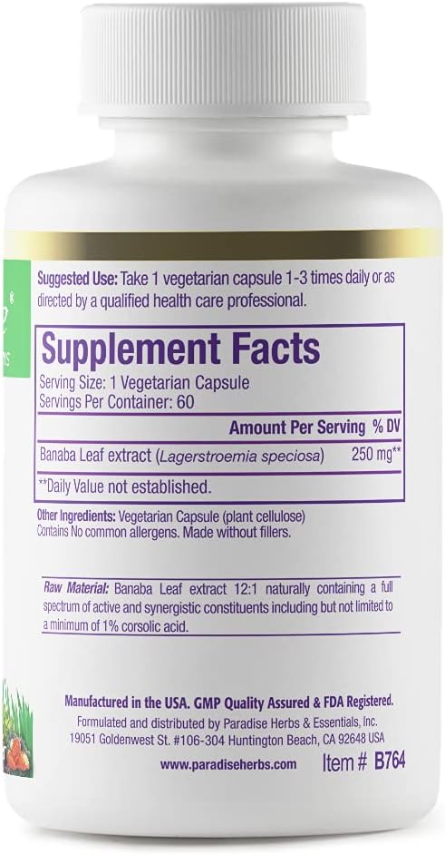 Paradise Herbs & Essentials Banaba Leaf Extract 250 mg, 180 Capsules | 12:1 concentrated formula, vegan, gluten free, non-GMO dietary supplement with a convenient daily serving format