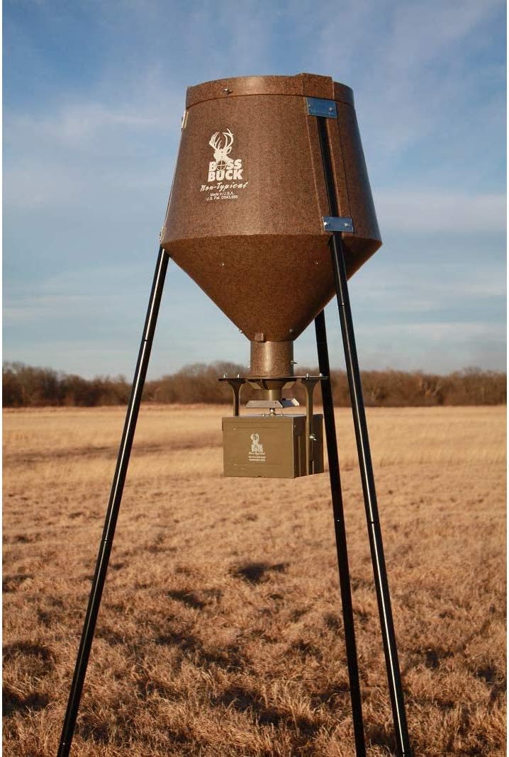 BOSS BUCK 200 LB Deer Feeder/Hunting Durable Lightweight Plastic UV Protected Waterproof Game Feeder with 12V Spinner Automatic Delivery System & Multi-Piece Legs