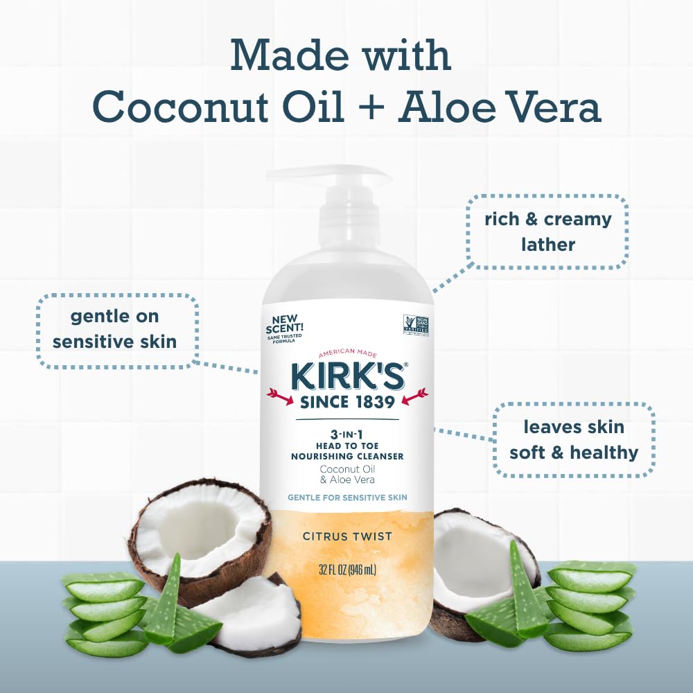 Kirk's Juniper & Lime​ 3-in-1 Nourishing Cleanser, Shampoo Body Wash Bubble Bath, Coconut Oil and Aloe Vera, Vegan Non-GMO, 32 Fl Oz