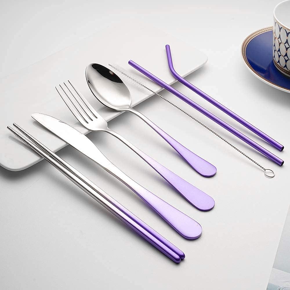 Travel Utensils Set with Case Reusable Portable Cutlery Set Stainless Steel 8pcs Including Dinner Knife Fork Spoon Chopsticks Straws(Rainbow)