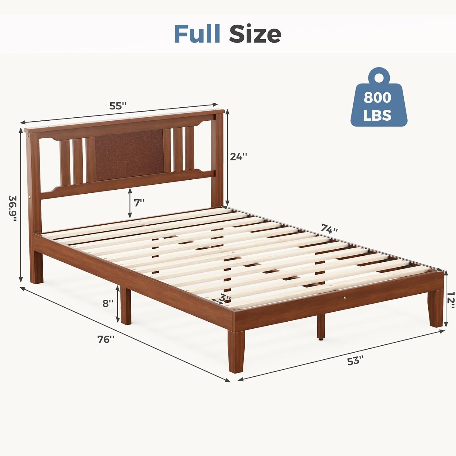 Solid Wood Bed Frame, Queen Size Platform Bed Frame with Headboard, Sturdy Wood Slat Support, Heavy Duty, No Box Spring Needed, Noise-Free, Easy Assembly