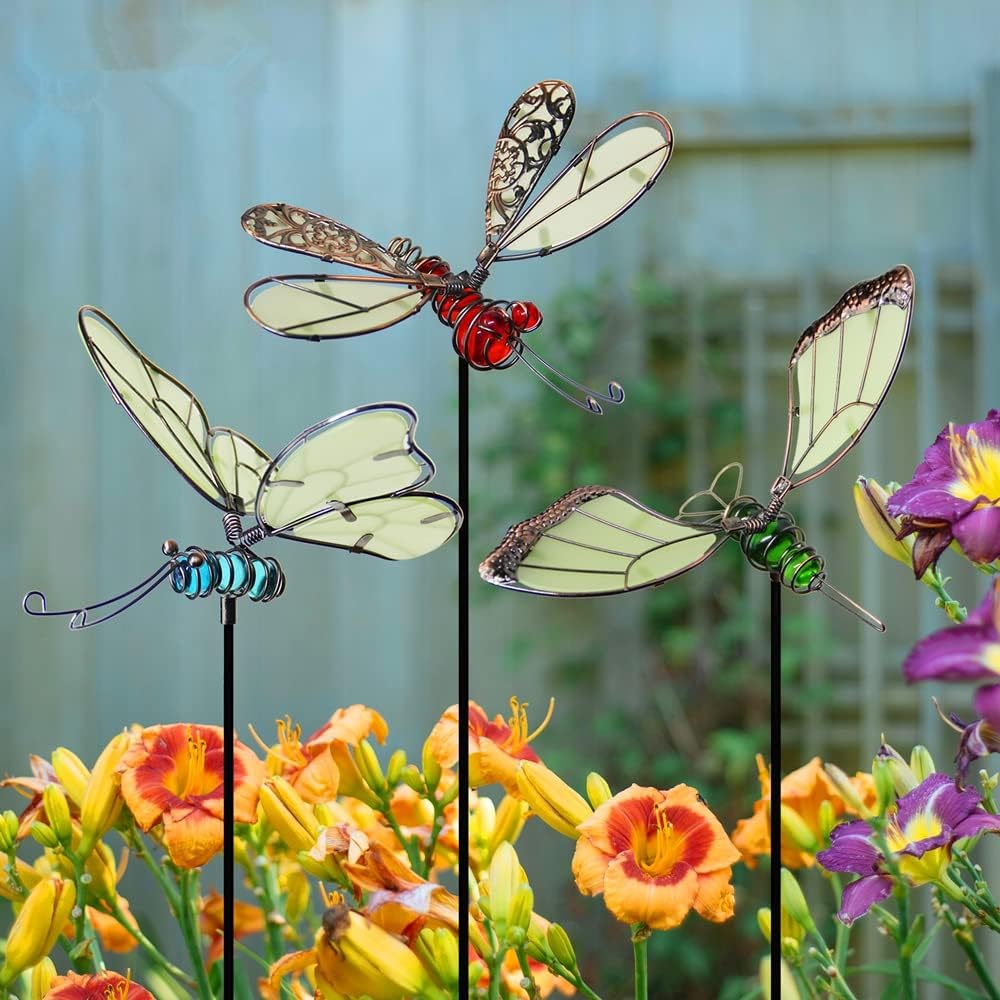 Juegoal 20 Inch Butterfly Garden Stakes Decor, Dragonfly Stakes, Hummingbird Glow in Dark Metal Yard Art for Mom, Mothers Day Ideal Gifts