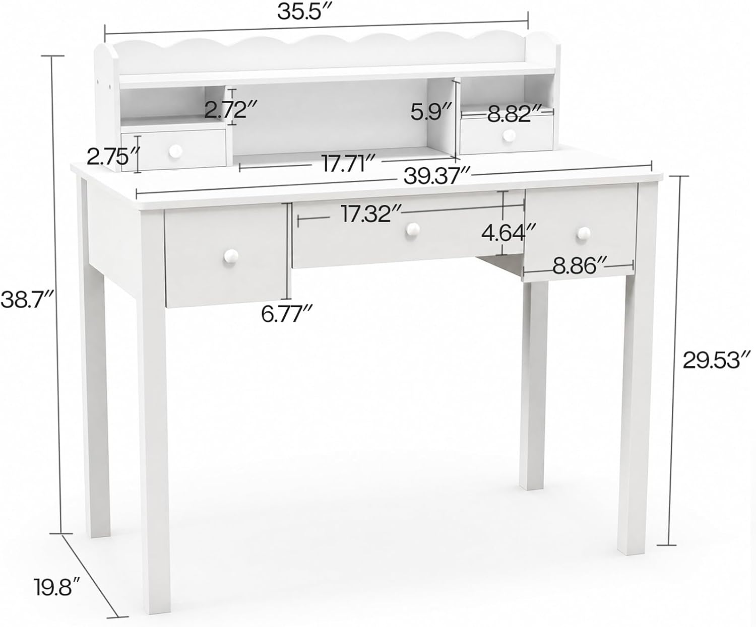 FUNKOCO Writing Desk with Hutch, 40" Small White Desk for Girls, 5 Drawers