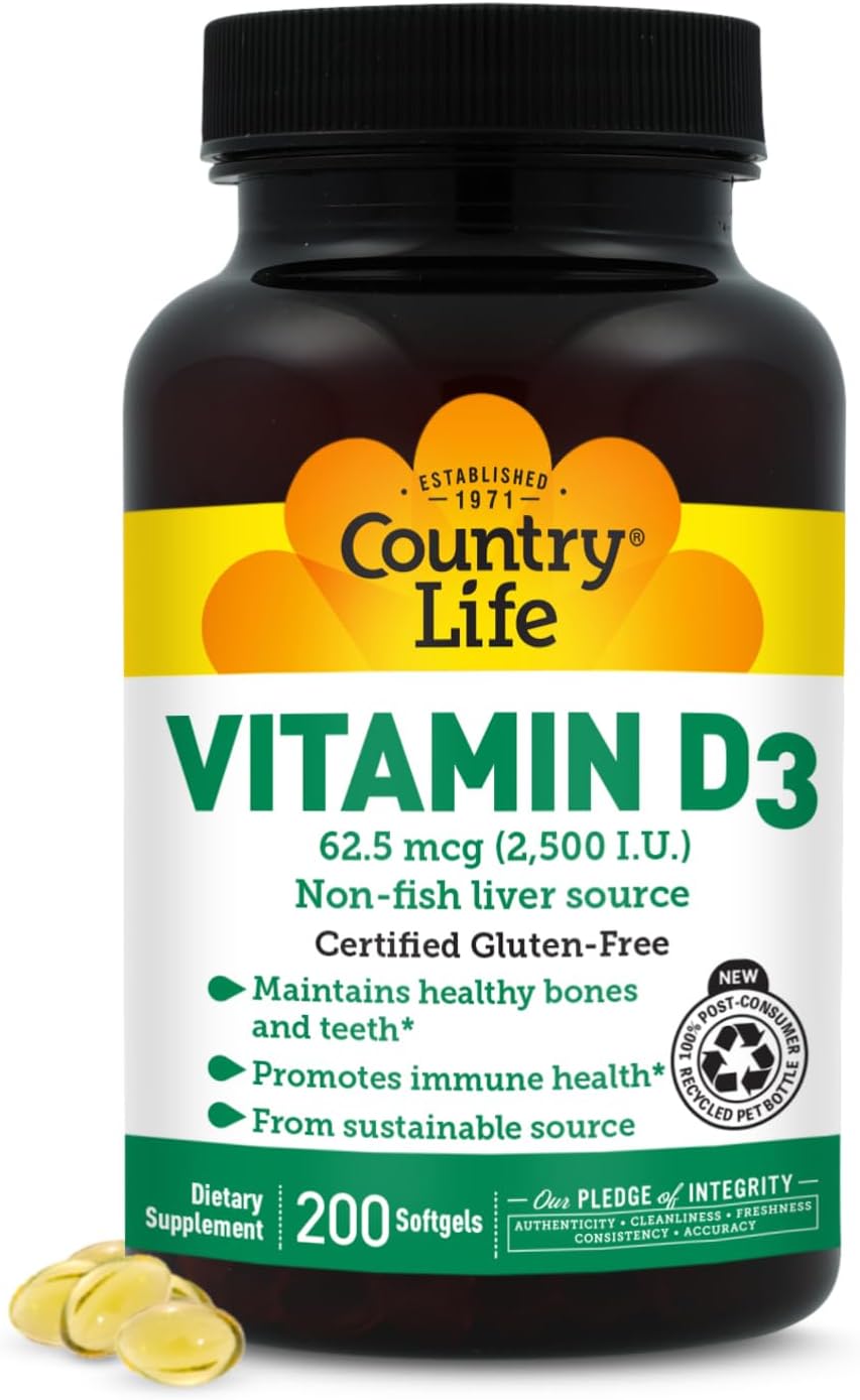 Country Life Vitamin D3 2500 IU, Non-Fish Source, 200 Softgels | Supports calcium absorption and helps maintain healthy bones
