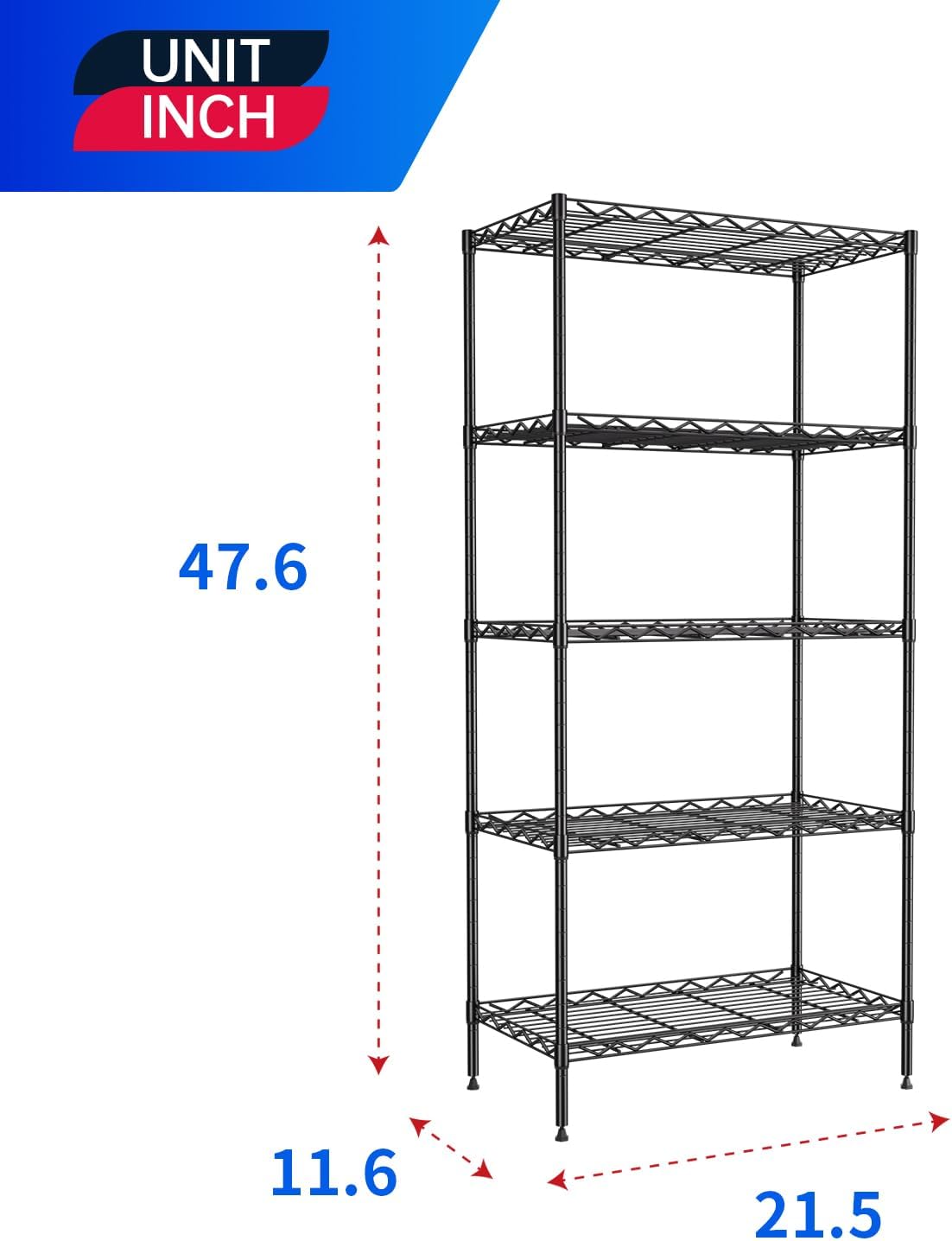 PayLessHere | 6-Tier Wire Shelf with Wheels | 45"x18"x82" | Black