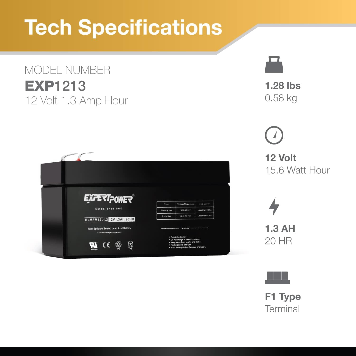 ExpertPower EXP1213-1.3Ah 12V Battery Rechargeable SLA AGM with F1 Terminals, Sealed Lead Acid Small 12 Volt Battery Replacement Backup for Auxiliary