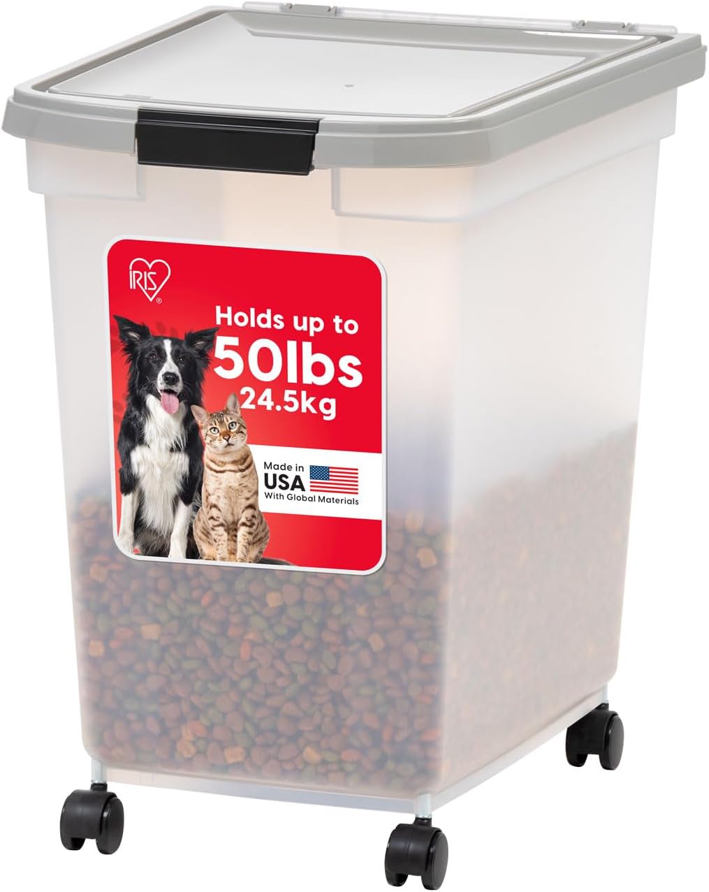 IRIS USA Dog Food Storage Container, Up to 25 lbs, Black, Made in USA | Wheels for Mobility, Airtight Seal, BPA-Free, Best for Bird Seed, Cat food, Cat Litter, Chicken Feed, Pellets
