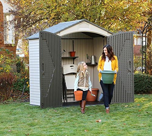 Lifetime 7' x 7' Outdoor Storage Shed with High-Density Polyethylene, Steel-Reinforced, Desert Sand