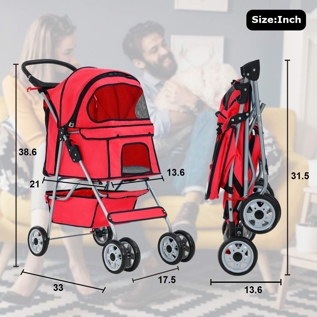 BestPet | 4-Wheel Foldable Pet Stroller | Black | Lightweight & Portable | Travel Carrier with Mesh Windows, Storage Basket, Cup Holder, Safety Brakes, and Waterproof Fabric | For Small Dogs and Cats