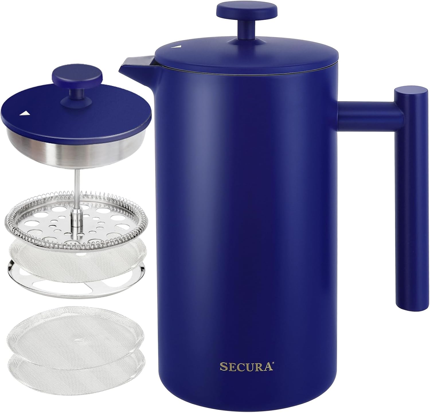 Secura French Press Coffee Maker, 304 Grade Stainless Steel Insulated Coffee Press with 2 Extra Screens, 34oz (1 Litre), Silver