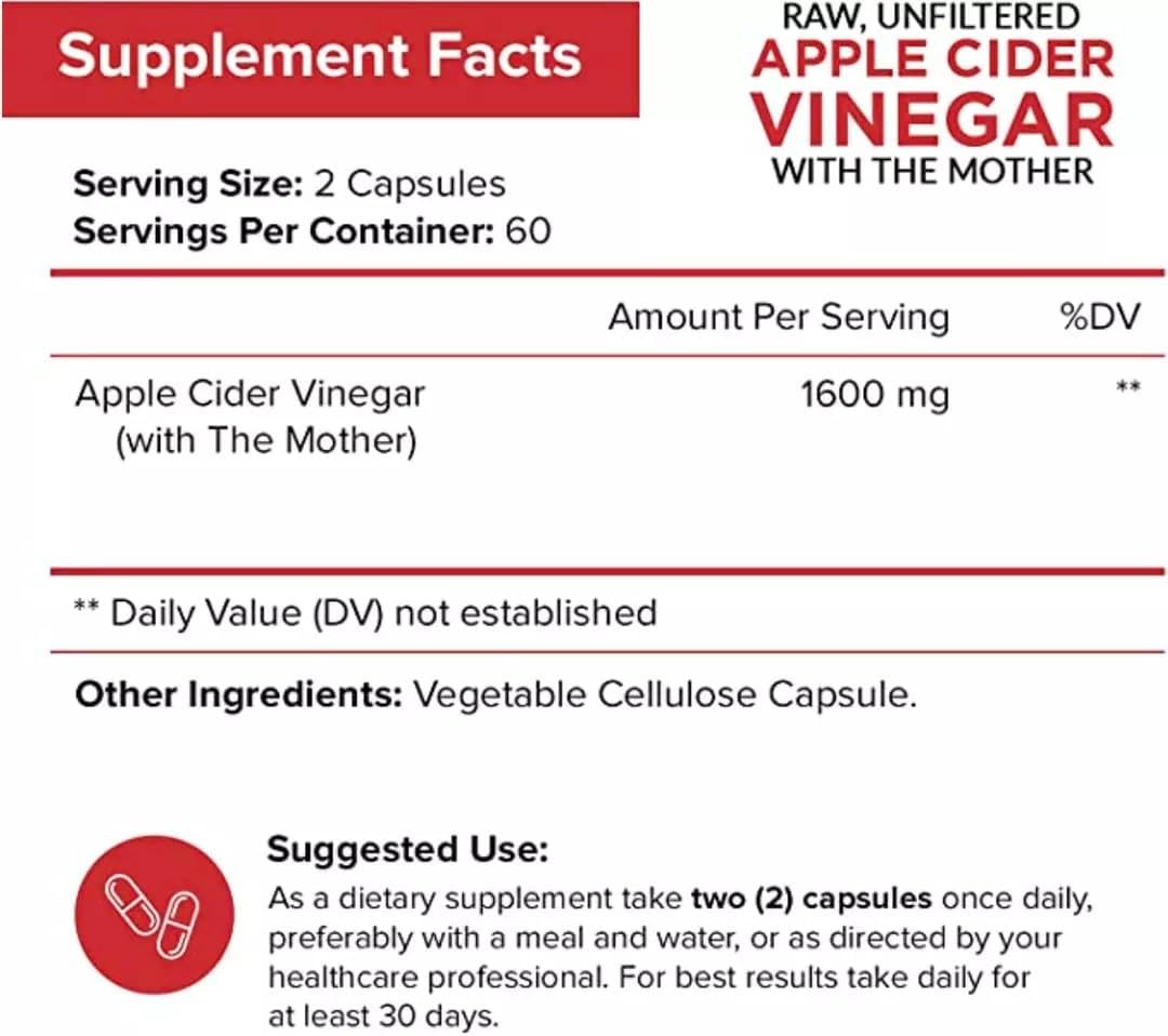 Apple Cider Vinegar Capsules with The Mother - 120 Vegan ACV Pills - Best Supplement for Healthy Weight Loss, Diet, Keto, Digestion, Detox