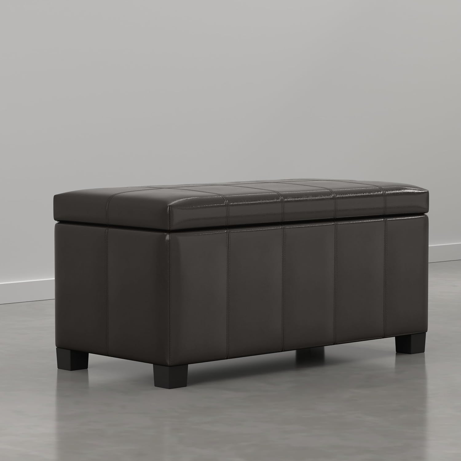SIMPLIHOME Dover 36" Wide Vegan Leather Storage Ottoman in Midnight Black | Distressed umber brown, contemporary ottoman with lift-top and safety hinges; rectangle storage bench for living room.