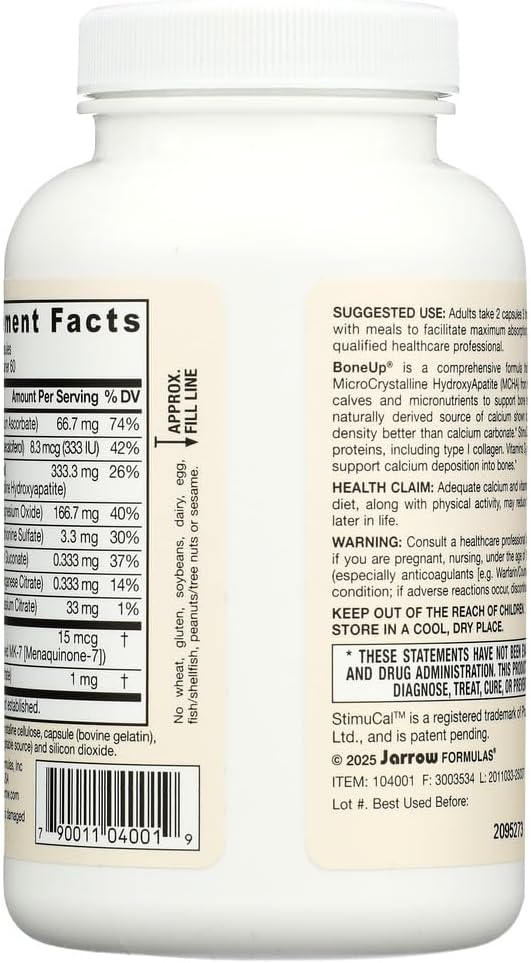 Jarrow Formulas BoneUp, 1,000mg Calcium Per Day, 240 Capsules | Bone Density Support, MCHA Calcium, Vitamins D3 & K2, Provides Skeletal Nutrition, Strong Bone Support, 40 Day Supply
