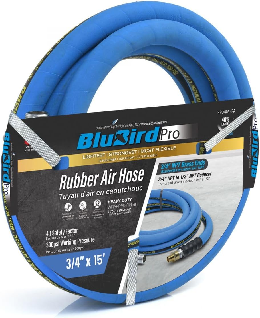 BLUBIRD BB3450 3/4" x 50' Rubber Air Hose, 100% Rubber, Lightest, Strongest, Most Flexible, 300 PSI, 50F to 190F Degrees, Ozone Resistant, High Strength Polyester Braided | Heavy Duty Reinforced Air Hose With 300 PSI Rating, Flexible Design, Kink Resista…