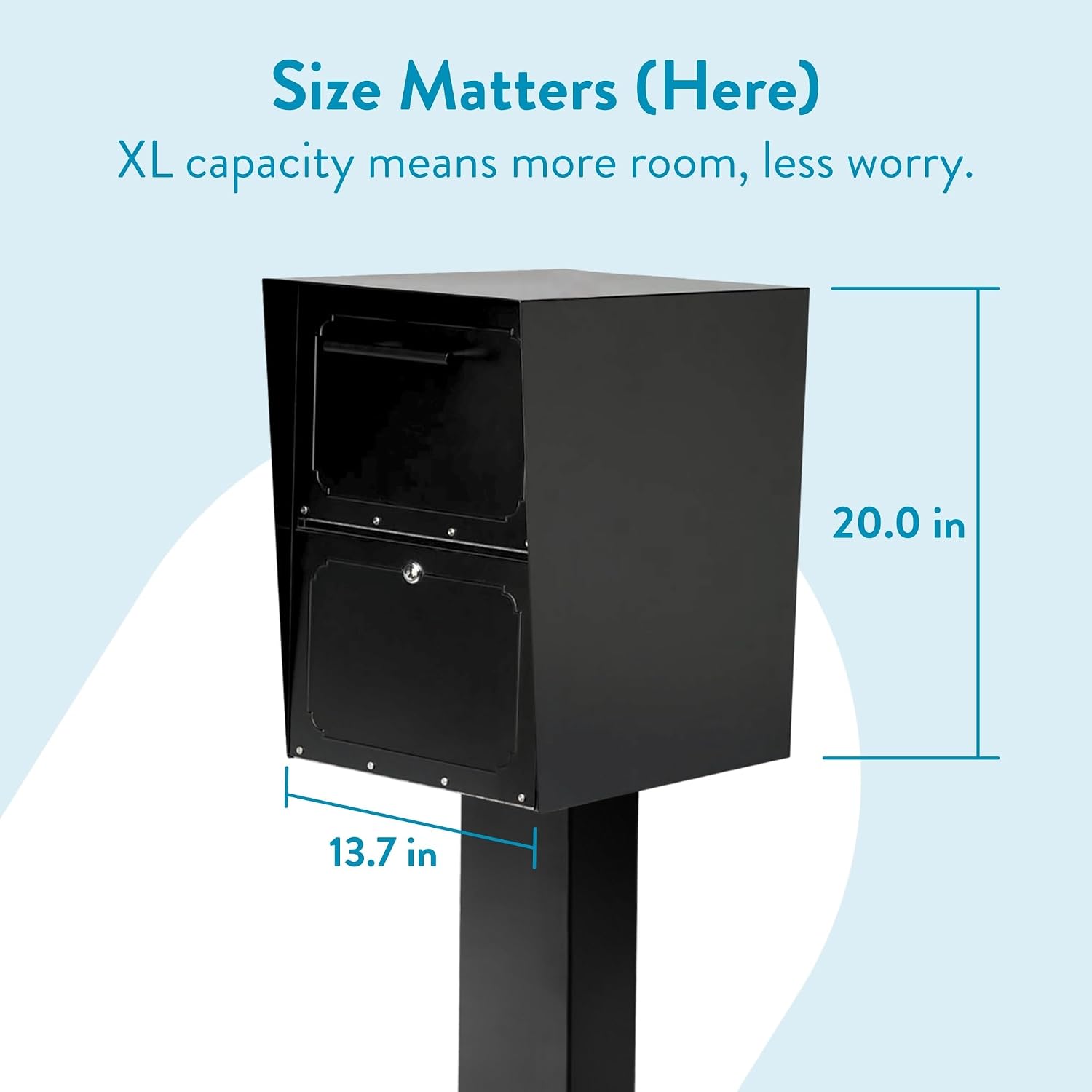 Architectural Mailboxes Oasis Galvanized Steel Package Drop Box, Black, XL | Rust-resistant parcel locker with a secure cam lock, an anti-theft hopper door, and a powder-coat finish.