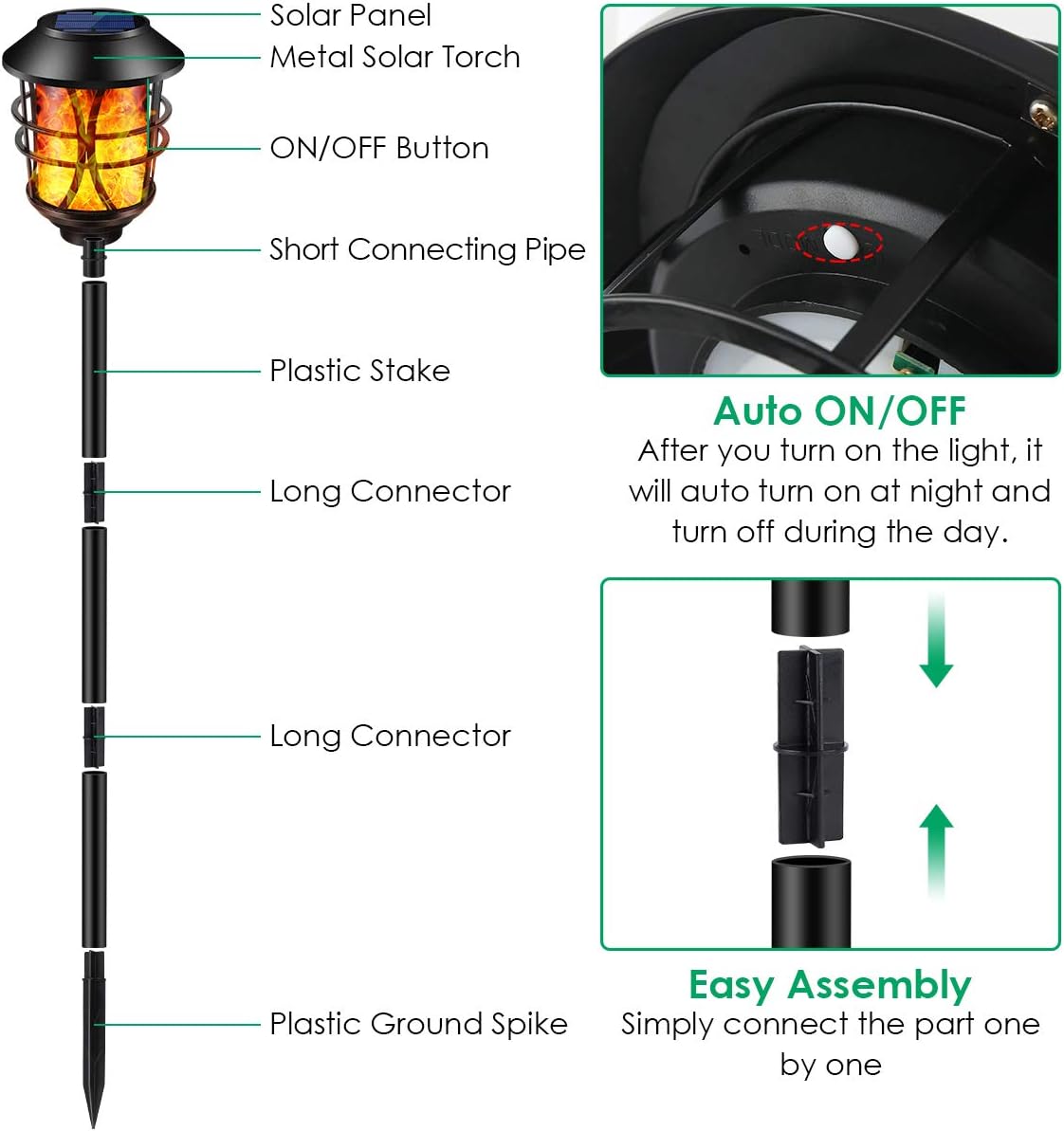 TomCare Solar Lights Outdoor Metal Flickering Flame Torch Lights, 4 Pack | Realistic Flame Effect, Heavy Duty, Charges in 6-8 Hours