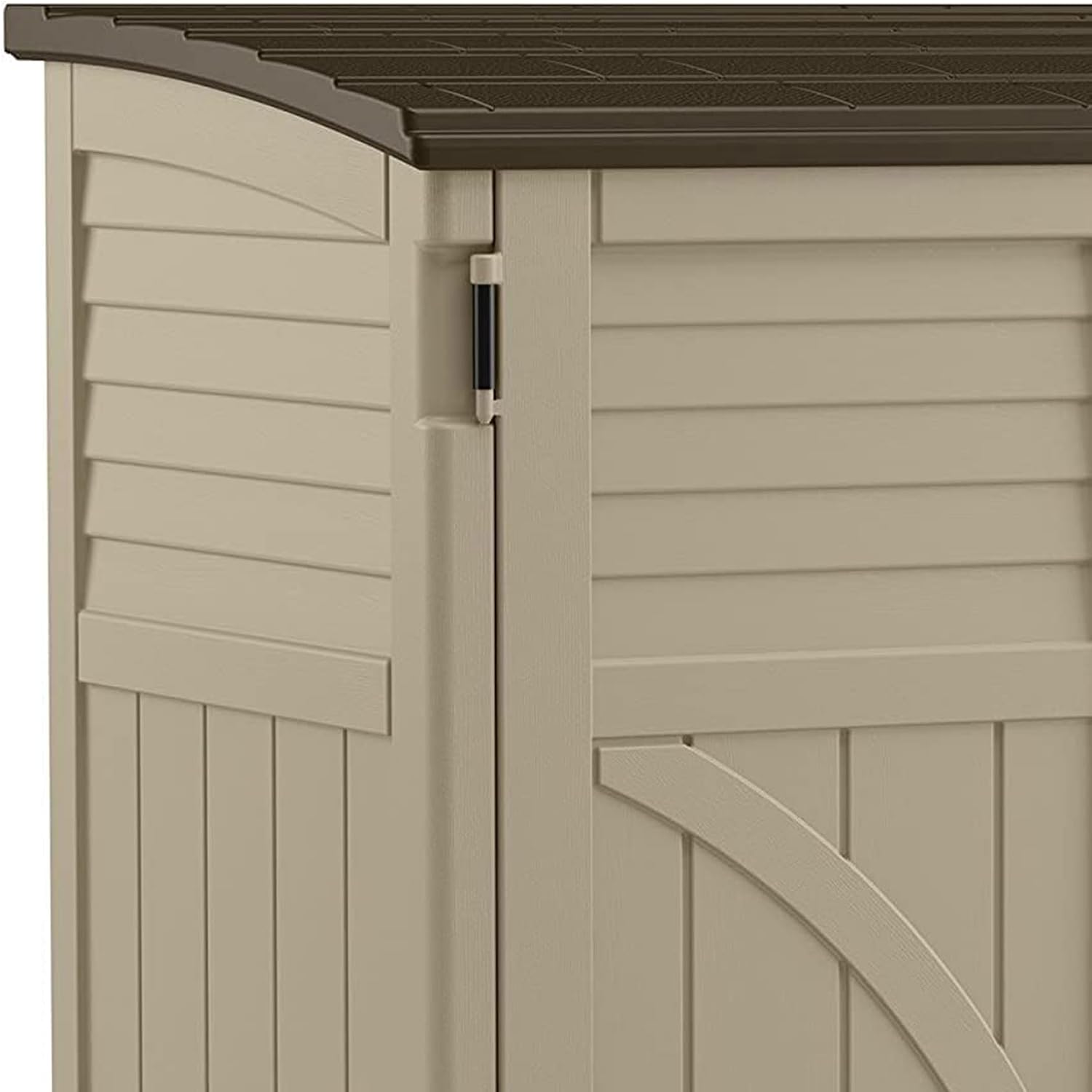 Suncast Horizontal Shed, Compact Outdoor Storage System, 34 Cu. Ft. Capacity, Sand & Slate - Lockable Multi-Wall Resin Organizer for Garbage Cans