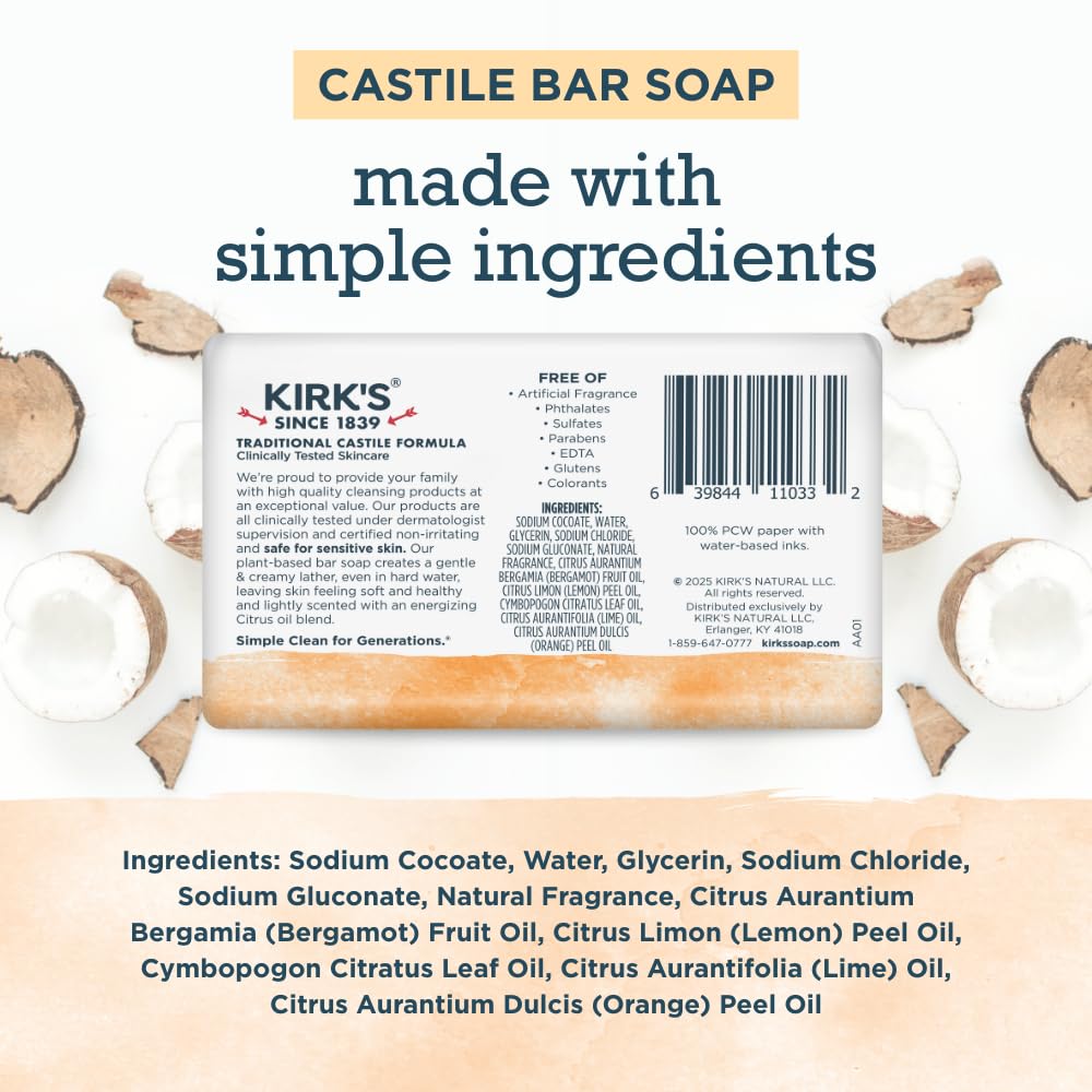 Kirk's Castile Bar Soap, Aloe Vera - Clinically Tested, Safe for Sensitive Skin with Coconut Oil, Vegan and Non-GMO - 4 oz Bars, 6 Pack