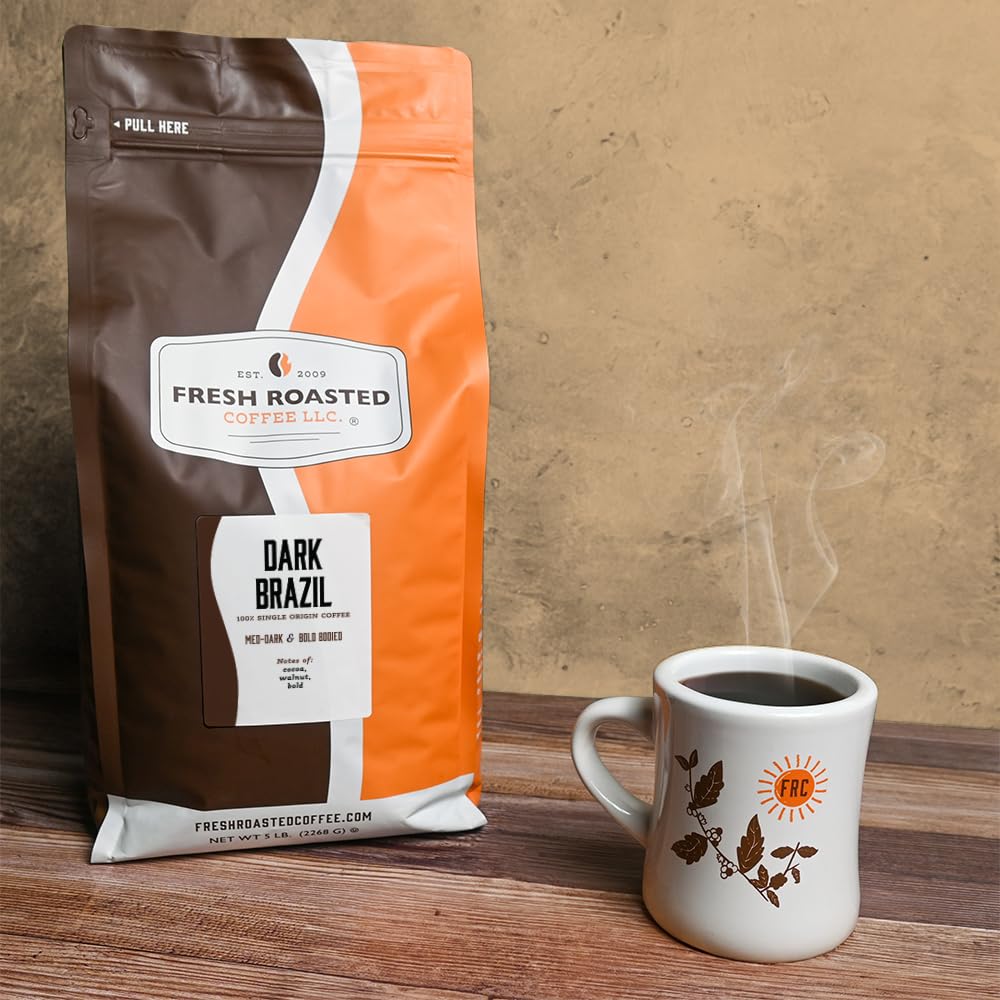 Fresh Roasted Coffee, Dark Brazil Whole Bean Coffee, Med-Dark Roast, Kosher, 5 lb (80 oz)