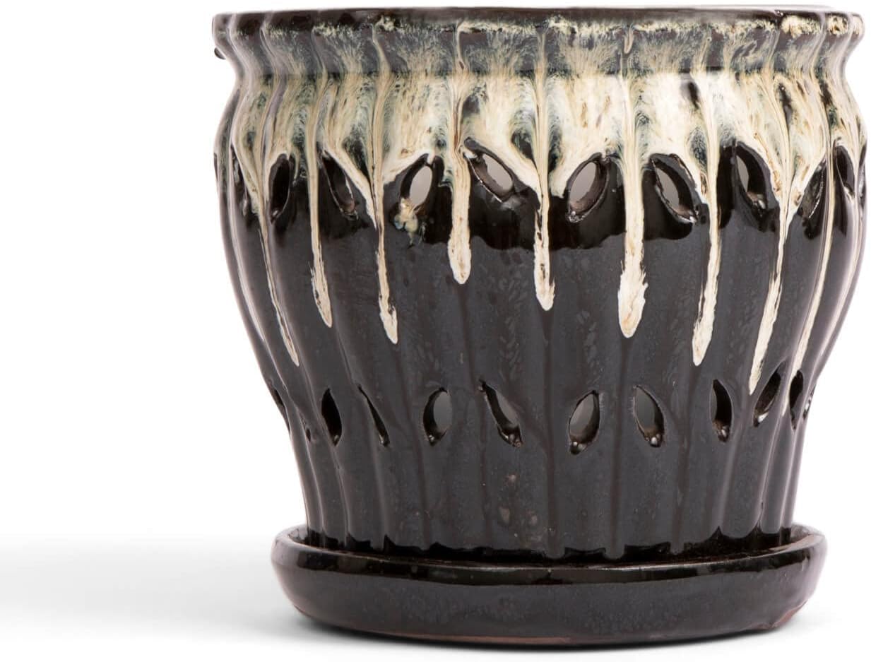 rePotme 6" Pinwheel Fluted Ceramic Plant Pot (Cream Over Lavender) - Includes Free 6 inch Slotted Pot Liner - Great for Orchids, Succulents