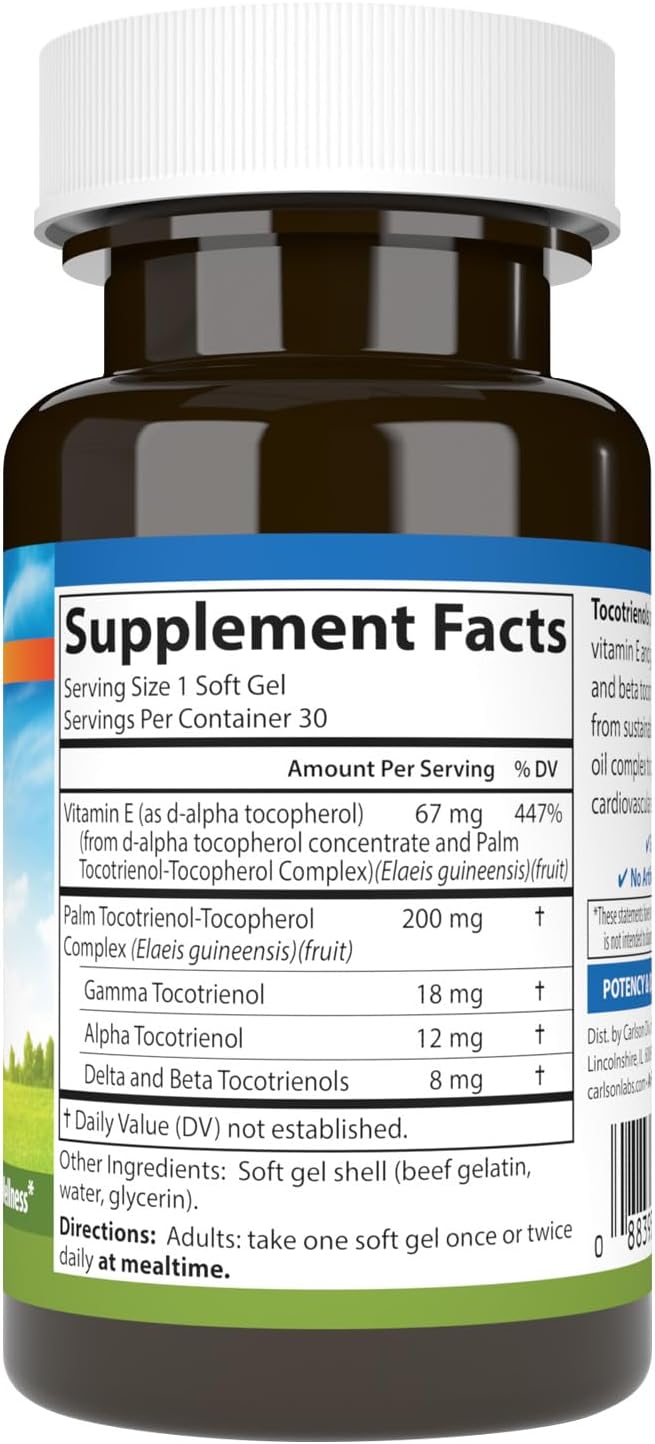 Carlson Tocotrienols, 40 mg, with Natural-Source Vitamin E, 30 Softgels | Gamma; Alpha; Delta; Beta; Sustainably Sourced