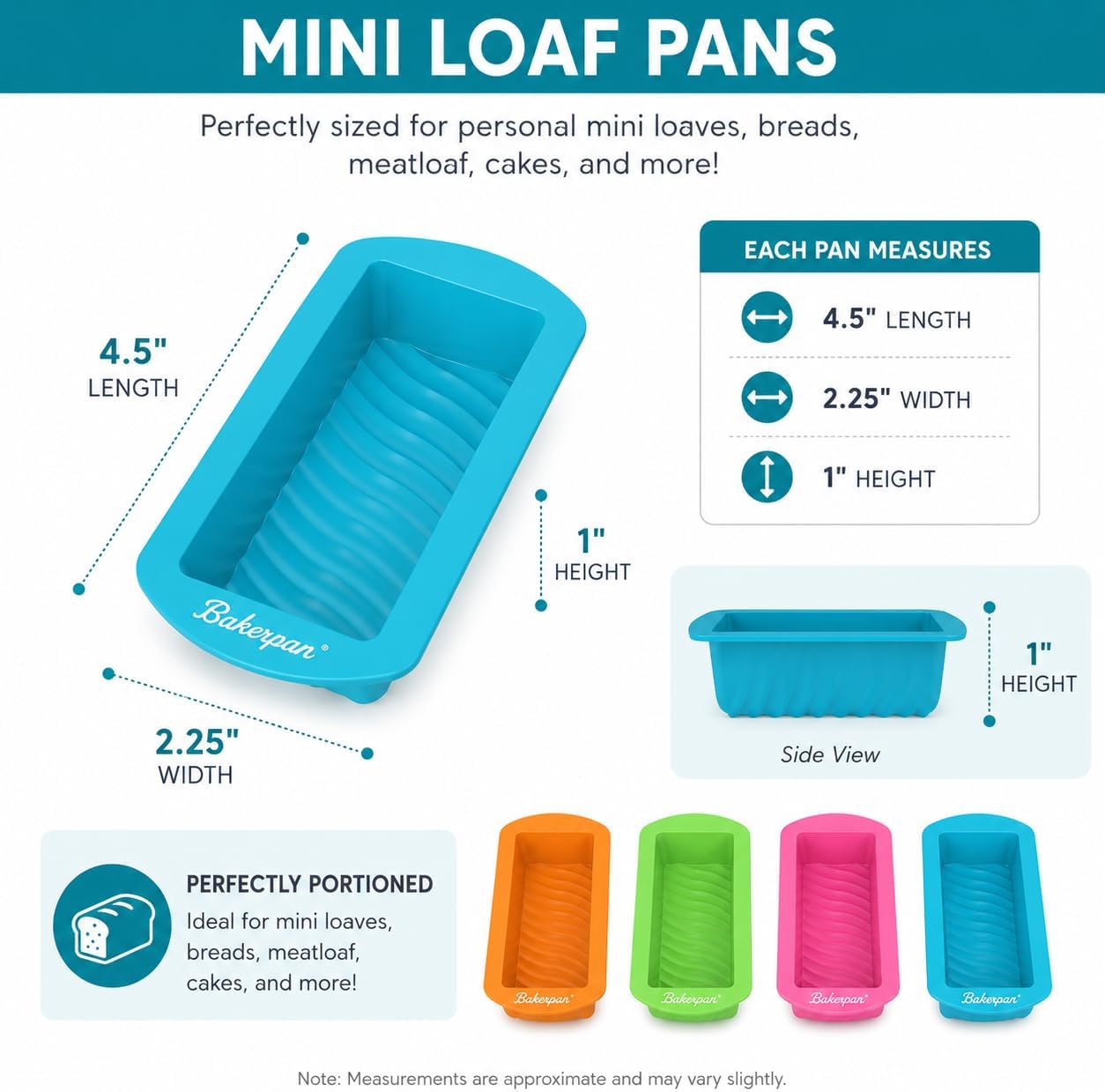 Bakerpan 4 Pack Silicone Mini Loaf Pans for Baking - 4.5 Inch Reusable Molds for Banana Bread, Pound Cake, Bread Loaves & Mini Cakes - Non-Stick