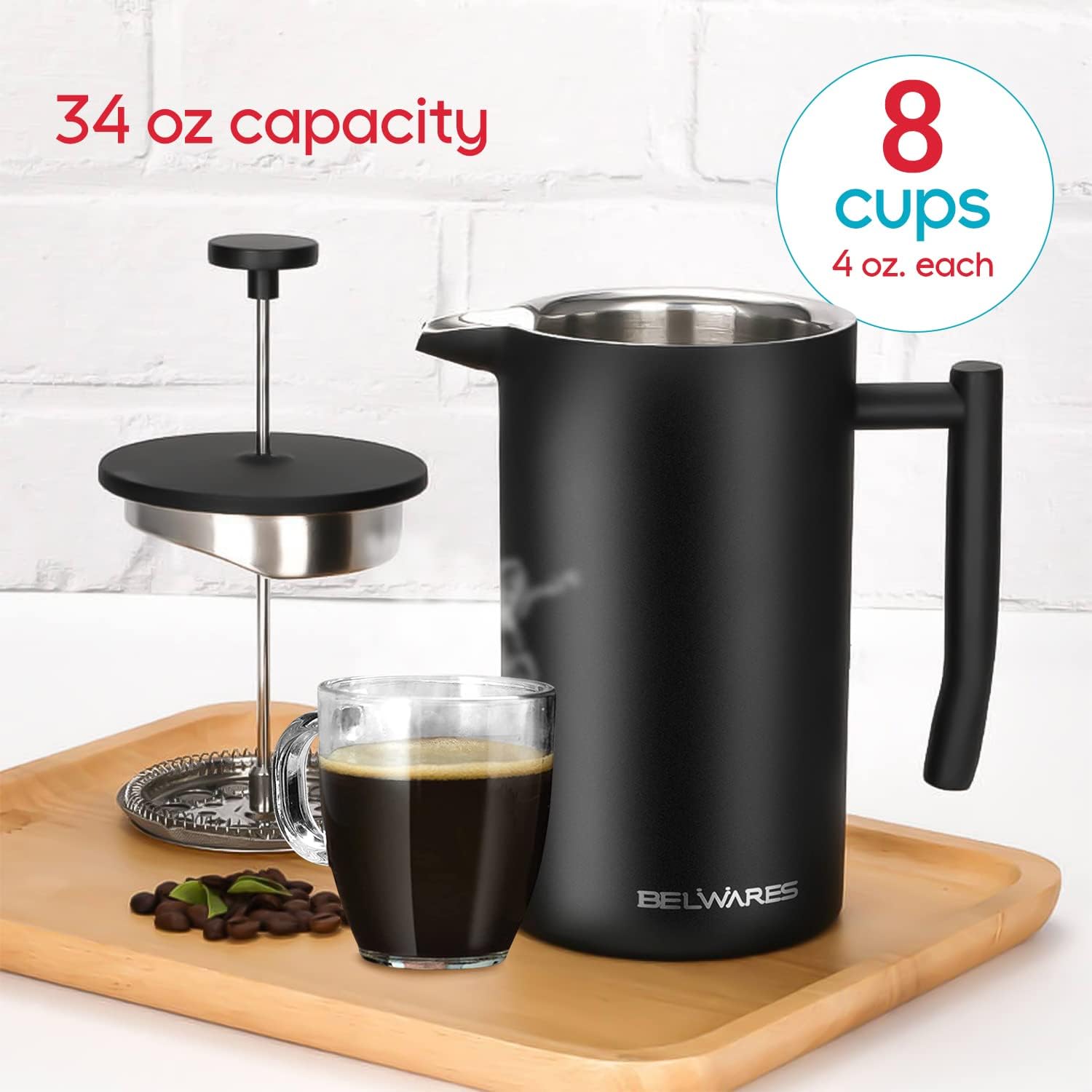 Belwares French Press Coffee Maker 34 Oz - Insulated Coffee Press Stainless Steel 304 - Double Wall & 4 Level Filtration System (1 Liter) - Black