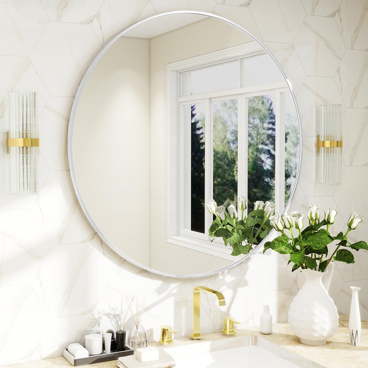 BEAUTYPEAK 24 Inch Round Mirror, Metal Frame Circle Mirror, White