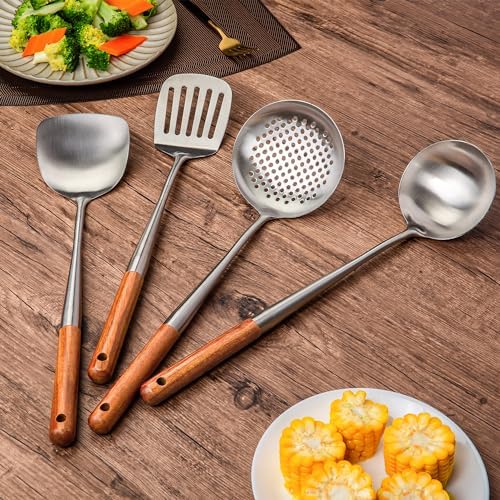FJNATINH Wok Spatula and Ladle,Skimmer Ladle Tool Set, 17inches Spatula for Wok, 304 Stainless Steel Cooking Utensils
