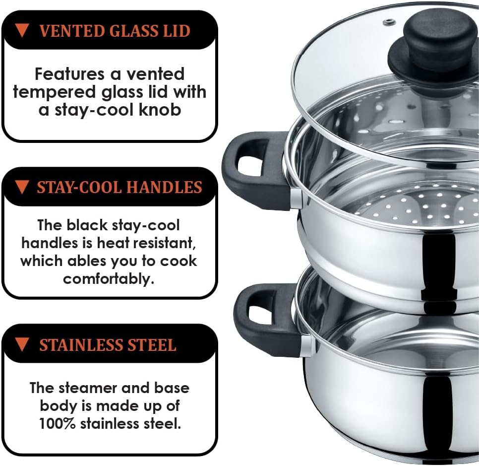 CONCORD 3 Quart Stainless Steel 3 Piece Steamer Cookware Set. Features 2 Quart Veggie Steamer and 3 Quart Cooking Pot with tempered glass lid.