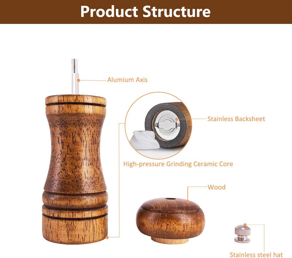 Salt and Pepper Grinders Set,Ouktor Manual Wooden Salt and Pepper Mills Shakers, Ceramic Rotor with Strong Adjustable Coarseness (5.5inch)