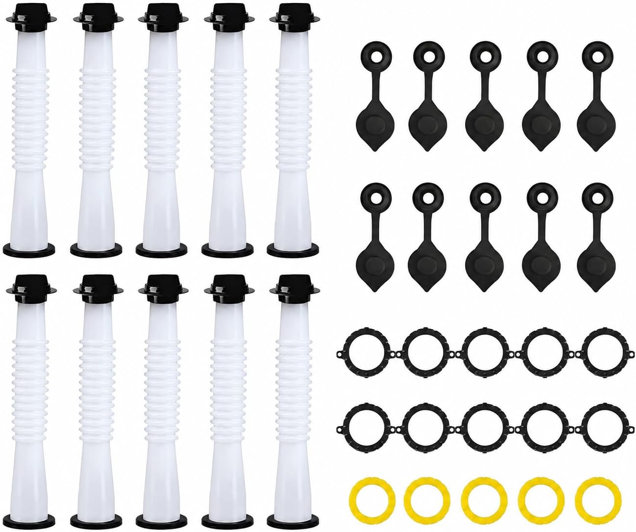 Universal Gas Can Spout Replacement, Gas Can Nozzle with Gasket, Stopper, Collar Caps (Black and Yellow) & gas can vent caps, Pack of 3
