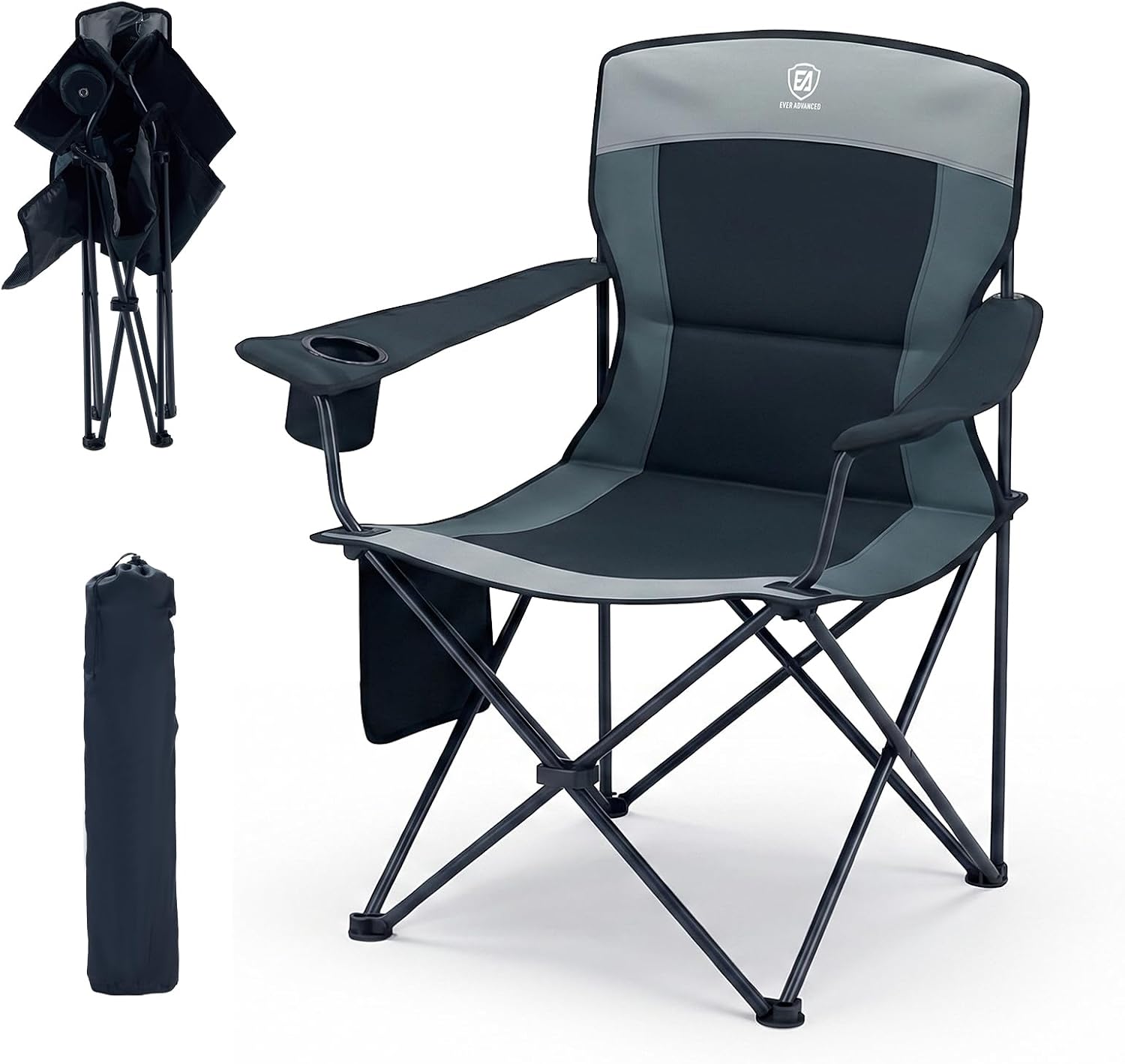 EVER ADVANCED High Back Folding Camping Chair Oversized and Fully Padded, Portable Quad Camp Lawn Chair Up to 400 lbs, with Cup Holder Armrest Carrying Bag