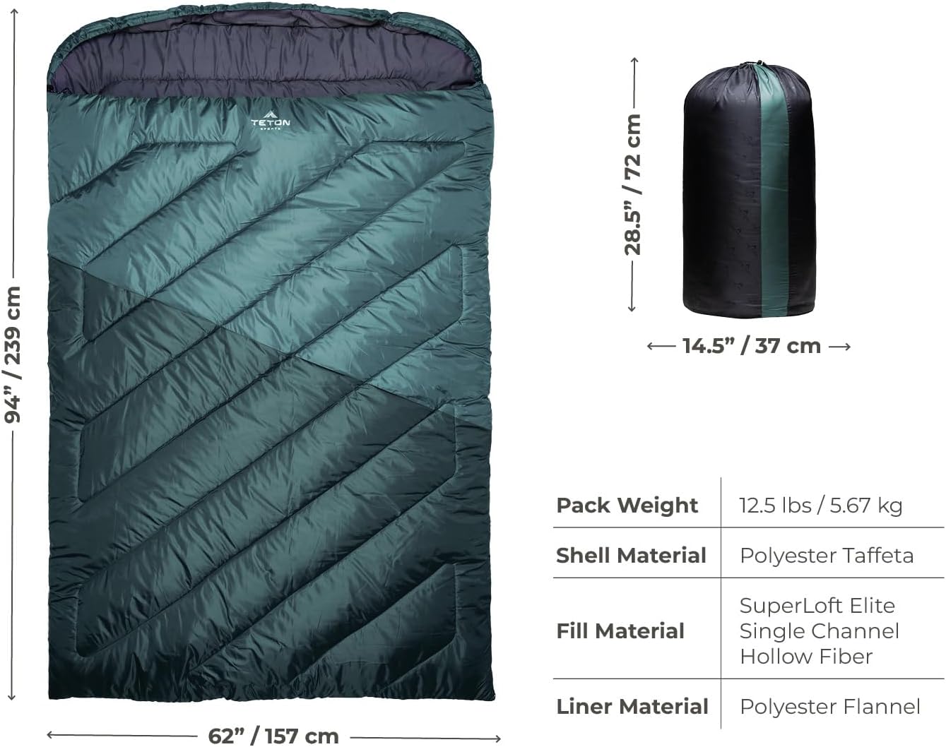 Teton Mammoth Queen Size Double Sleeping Bag- A Warm Bag the Whole Family can Enjoy – Great for Camping, Hunting and Base Camp. Compression Sack Included