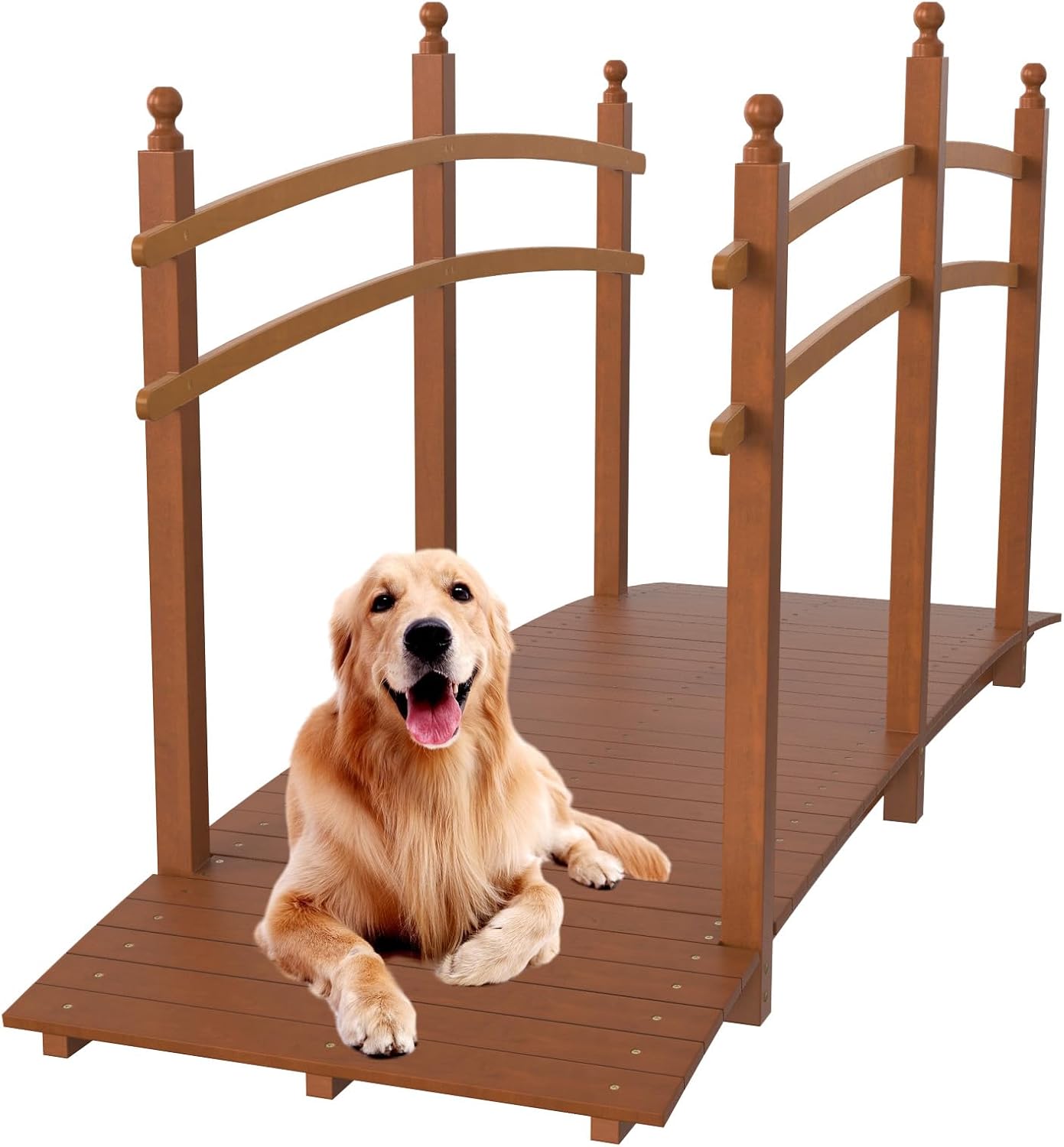 VINGLI 5 ft Garden Bridge, Classic Wooden Arch with Safety Rails Stained Finished Footbridge, Decorative Pond Landscaping, Backyard, Creek or Farm