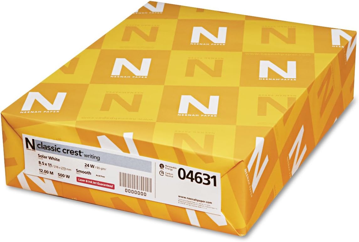 Neenah Paper 04631 CLASSIC CREST Paper, 24lb, 97 Bright, 8 1/2 x 11, Solar White, 500 Sheets