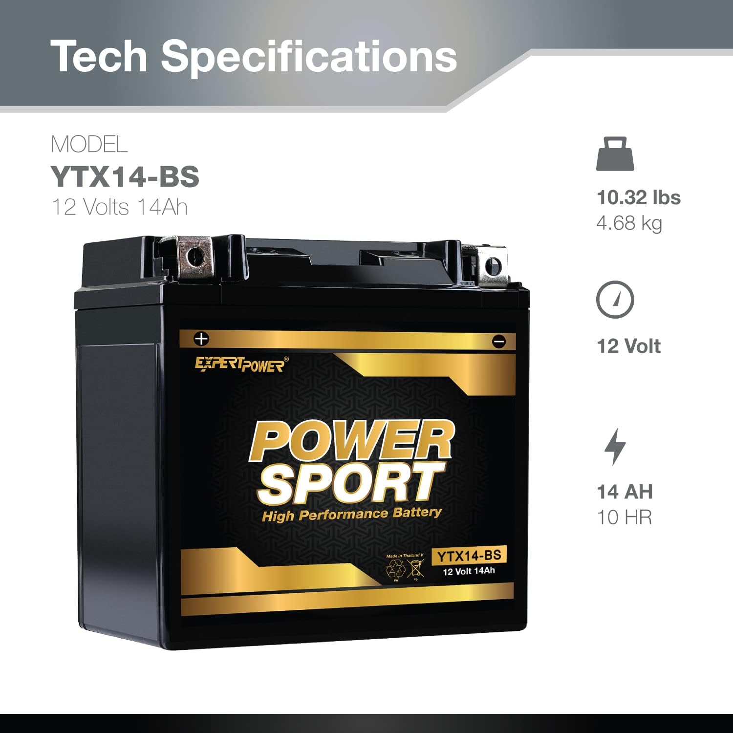 ExpertPower YTX14-BS ATV Battery - 220 CCA AGM Motorcycle Battery 12V 14Ah 10Hr ETX14-BS, UTV, Scooter, Snowmobile, 4 Wheeler Powersports Batteries