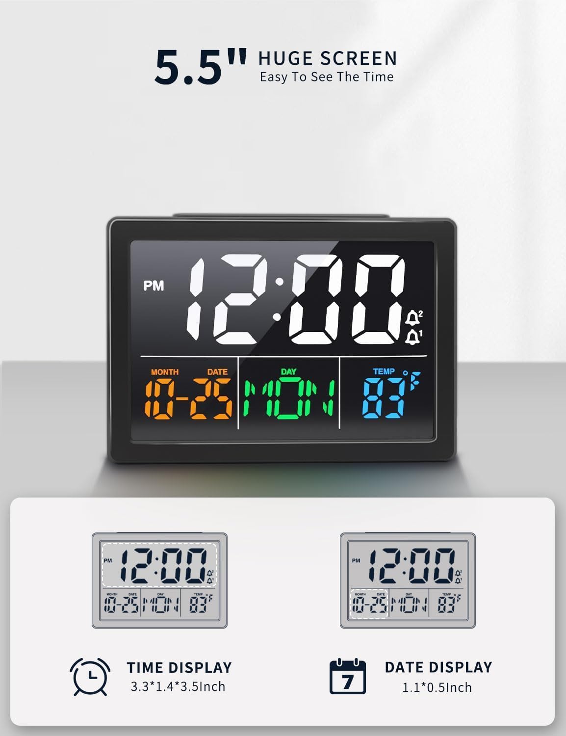 JALL Digital Clock with Date Day for Seniors, Electric Alarm Clocks for Bedrooms with Temperature, 2 Alarms, Dimmer, Dual USB Charger, Battery Backup