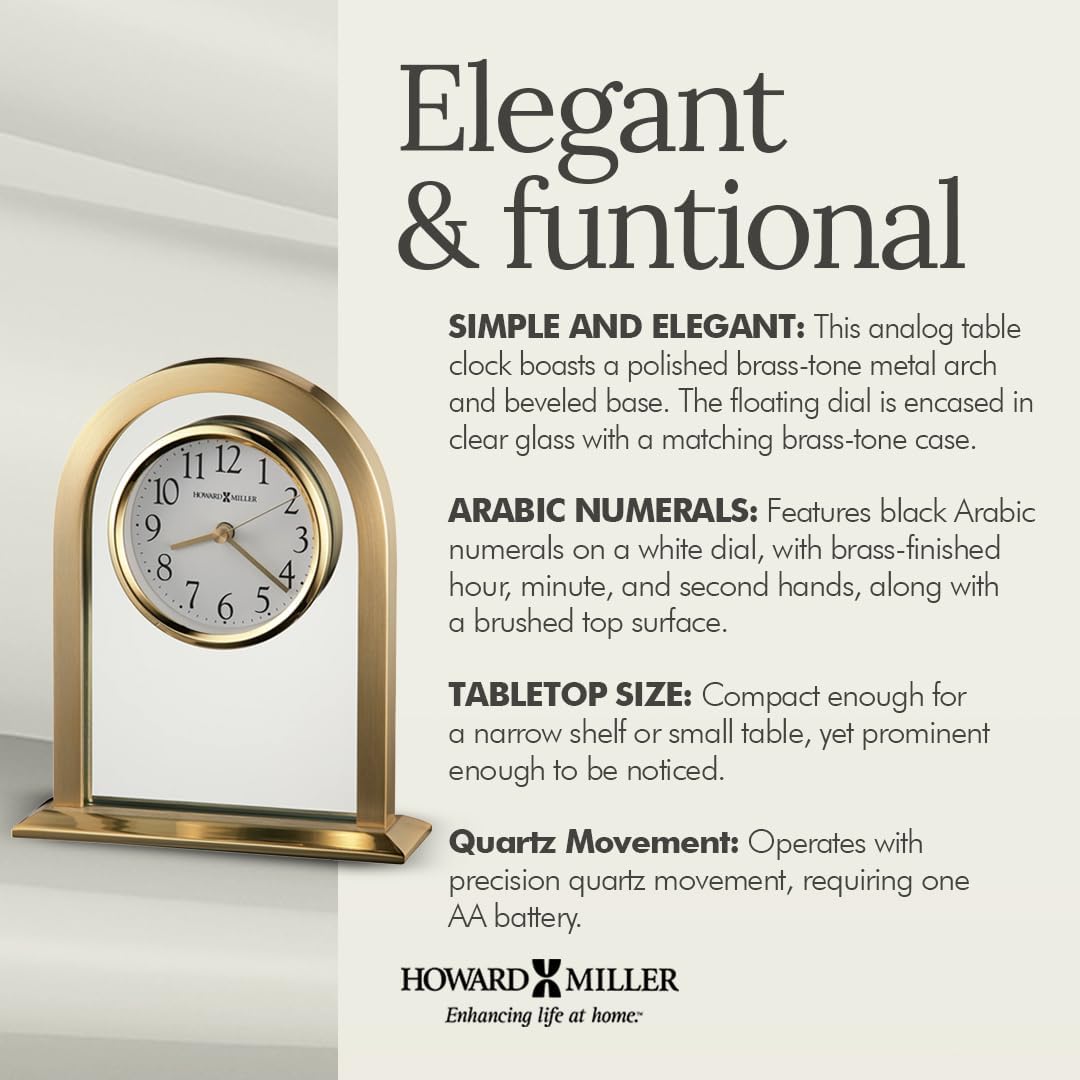 Howard Miller Imperial Brass Quartz Table Clock – Polished Finish, Glass Face – Mantel Clock for Home or Office, Gift for Wedding, Anniversary