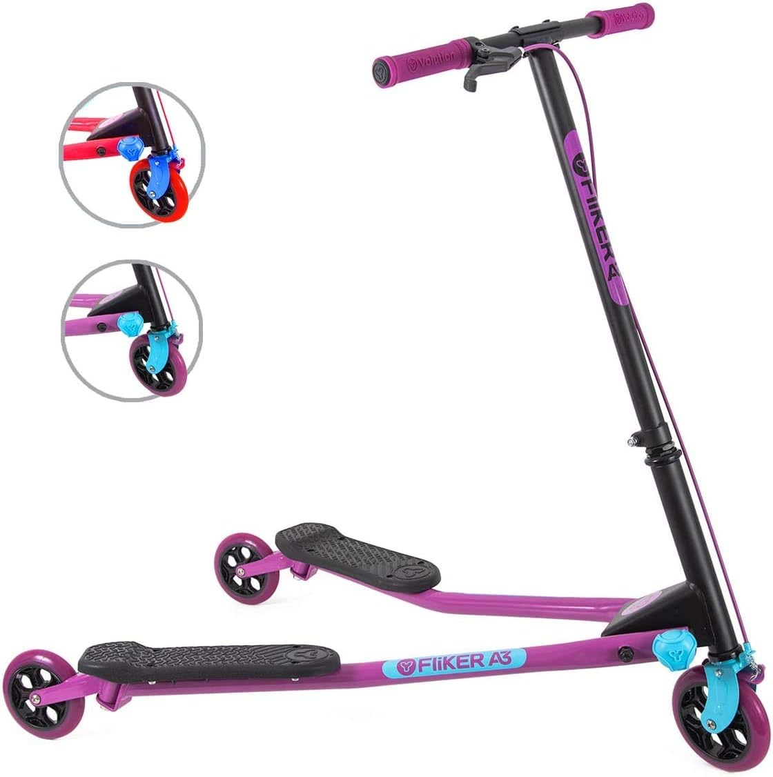 Yvolution Fliker A3 Drift Scooter, 3 Wheels Kids Wiggle Scooter, Foldable, Handbrake, Caster Wheels, for Boys and Girls Aged 7+ Years Old
