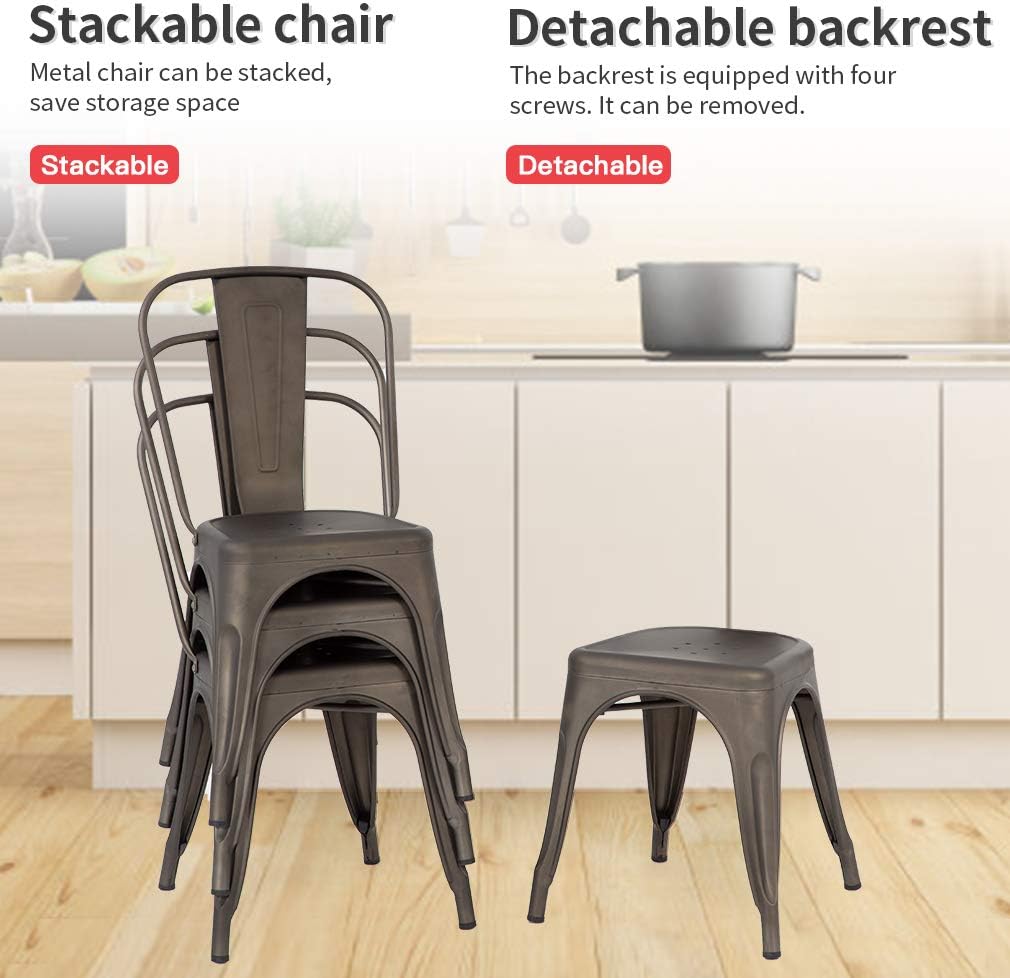 FDW | Metal Dining Chairs | Set of 4, Black | 330lbs Load | Stackable Tolix Side Chairs with Backrest | Non-Slip Feet | Indoor/Outdoor Use | Ideal for Kitchen & Restaurants