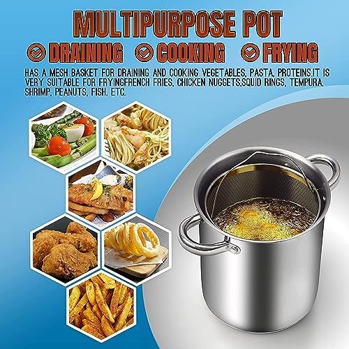 Cook N Home Basics 4-Quart Deep Fryer Pot with Basket, Japanese Tempura Small Stainless Steel Frying Pot with Oil Drip Drainer Rack, Glass Lid, Suitable for Kitchen French Fries, Chicken