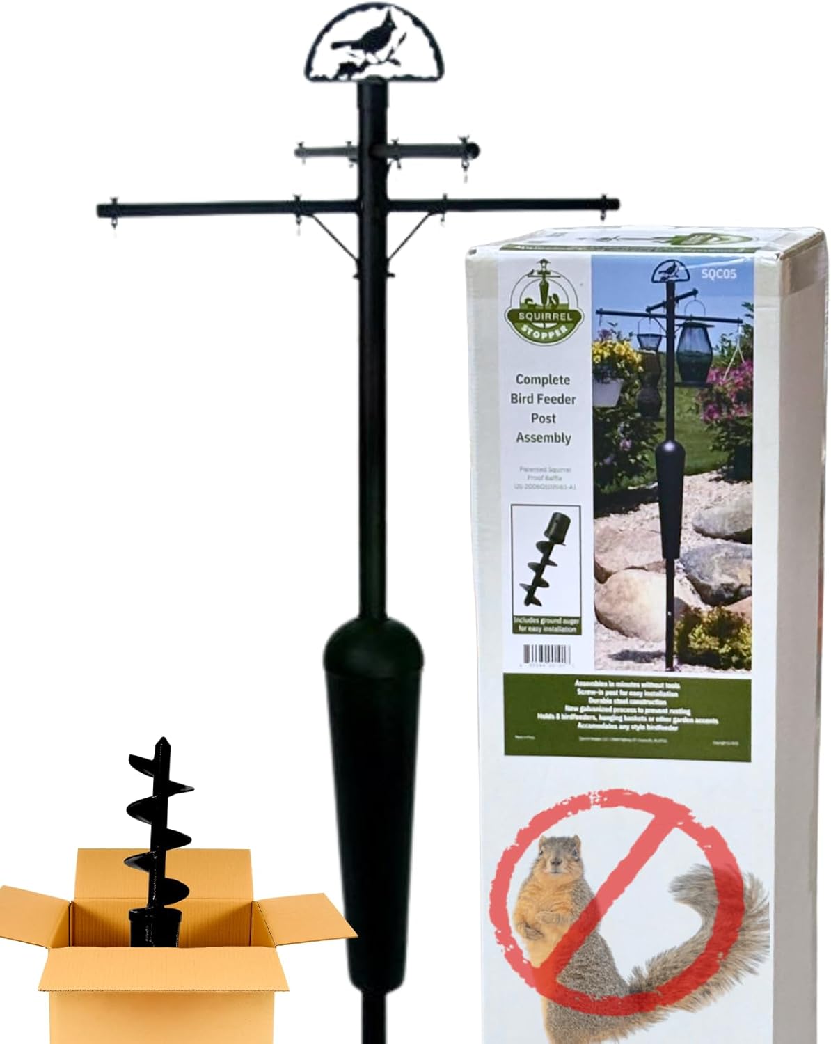 Squirrel Stopper Deluxe Squirrel Proof Bird Feeder Pole with Patented Spring Baffle, Heavy Duty Galvanized Steel Pole System with Auger, Raccoon Proof